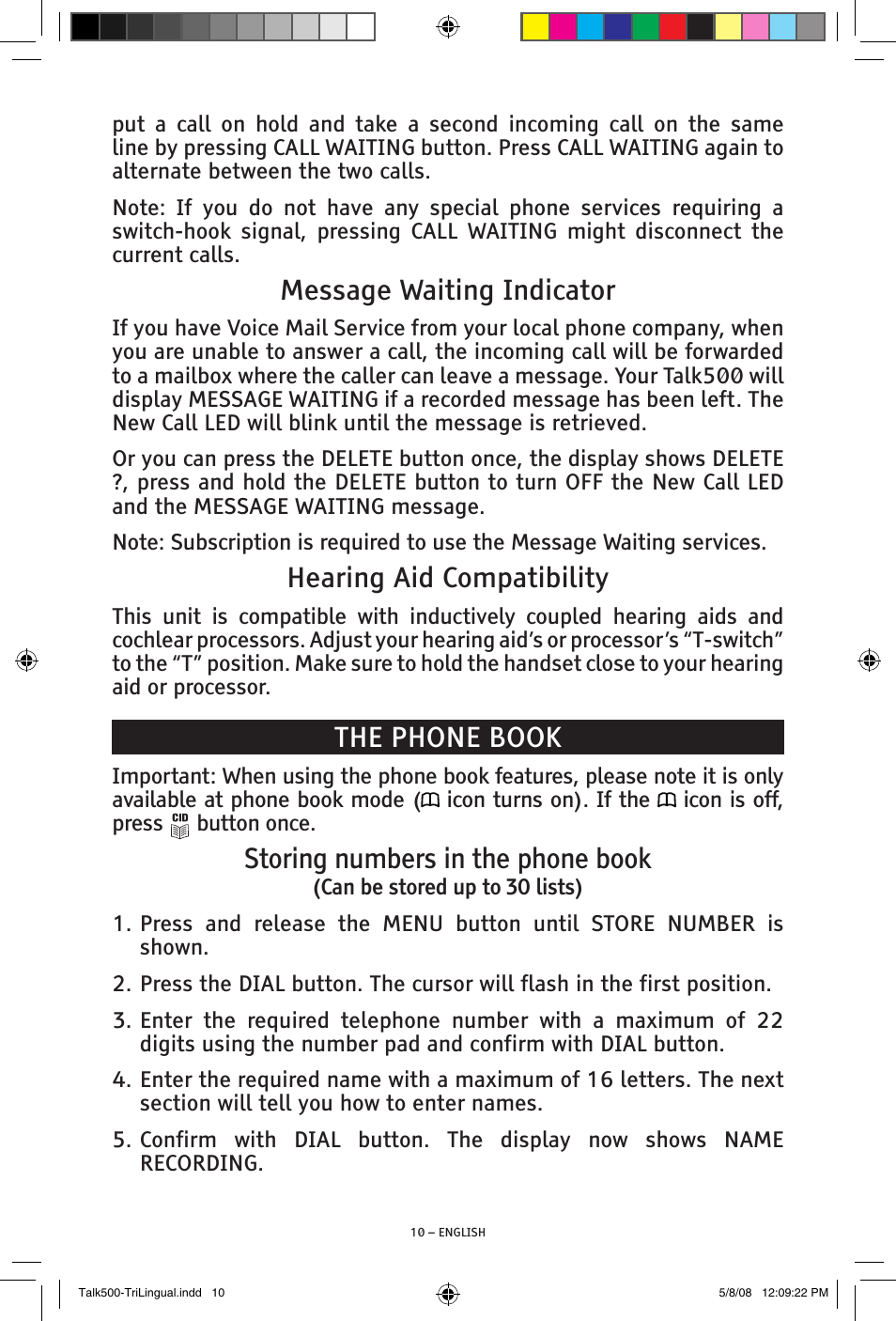 Message waiting indicator, Hearing aid compatibility, The phone book | Storing numbers in the phone book | ClearSounds TALK500 V508 User Manual | Page 10 / 20
