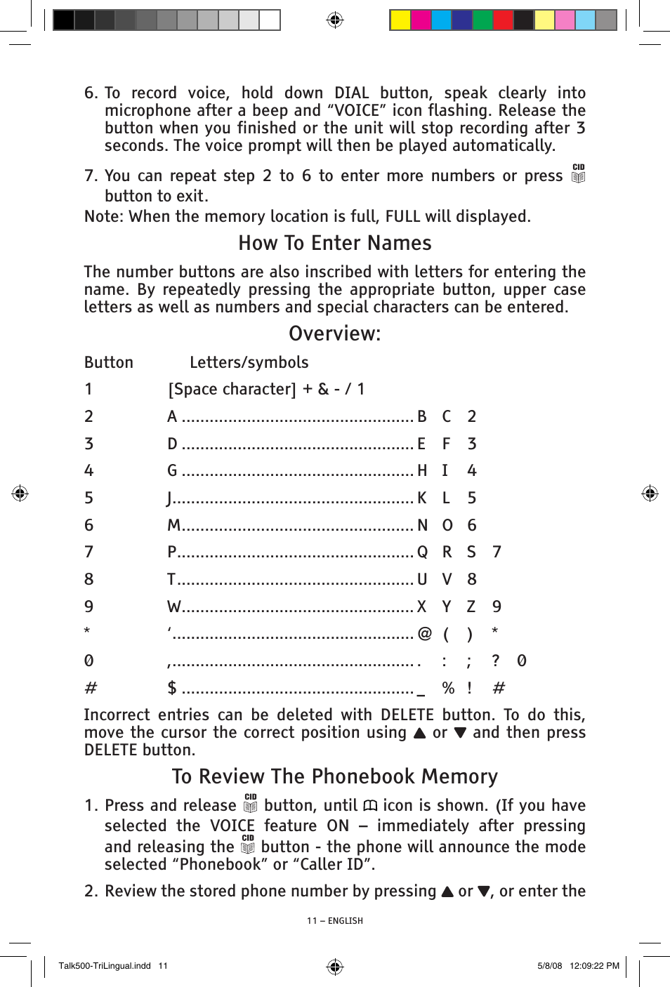 How to enter names, Overview | ClearSounds TALK500 V508 User Manual | Page 11 / 20