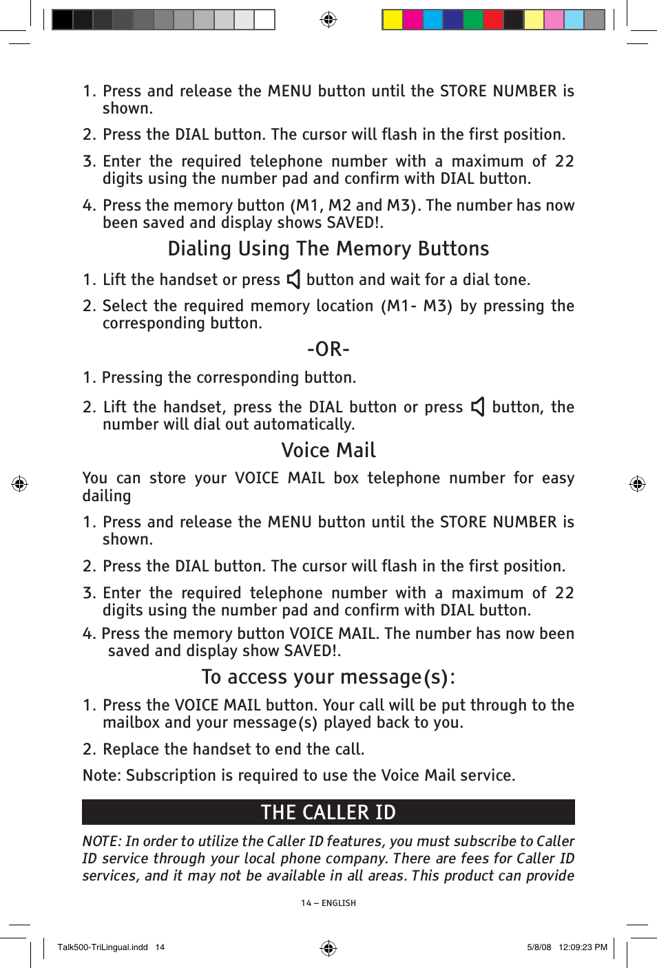 Voice mail, The caller id | ClearSounds TALK500 V508 User Manual | Page 14 / 20