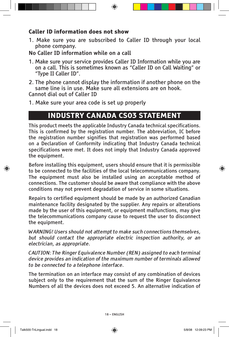 Industry canada cs03 statement | ClearSounds TALK500 V508 User Manual | Page 18 / 20