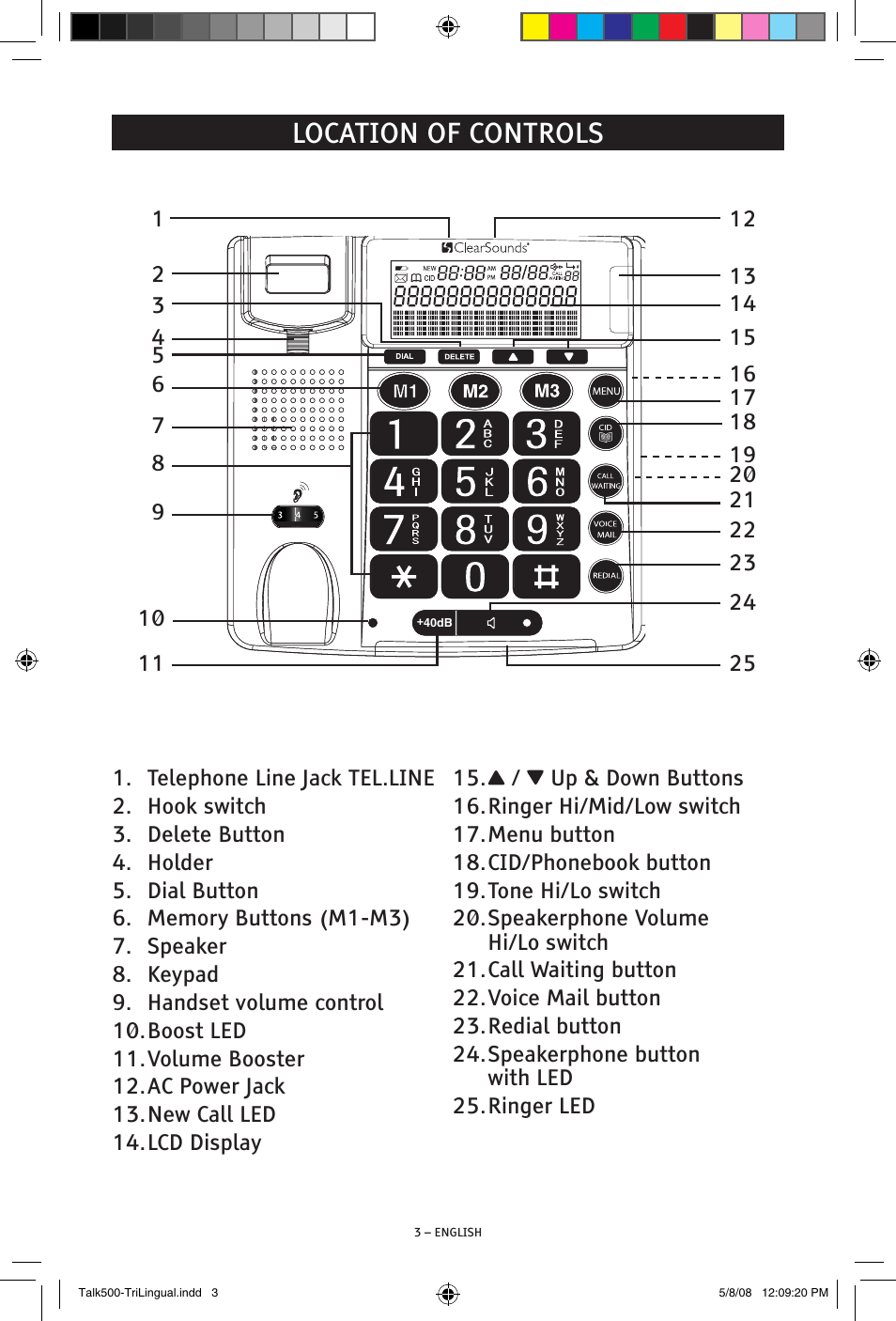 Location of controls | ClearSounds TALK500 V508 User Manual | Page 3 / 20