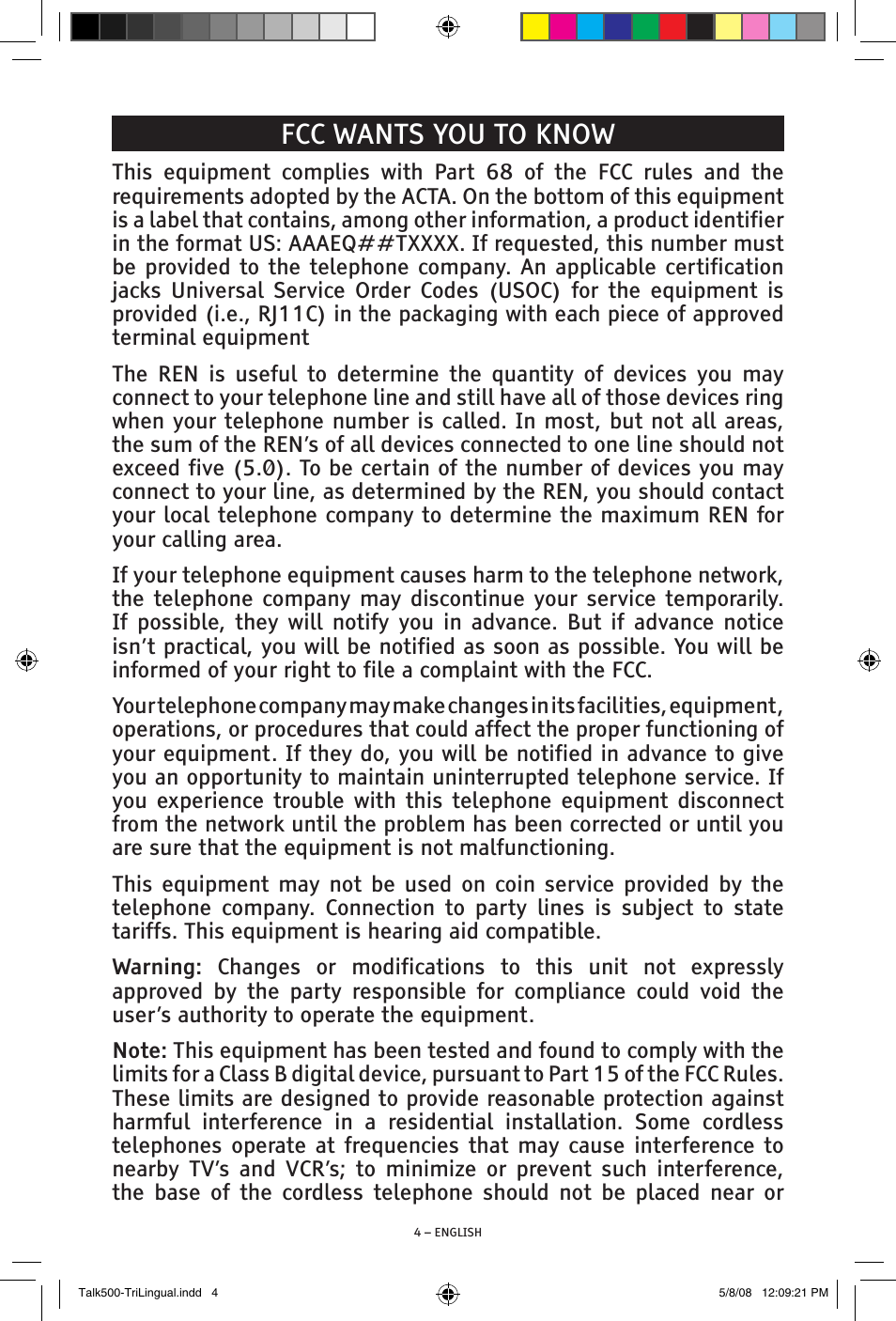Fcc wants you to know | ClearSounds TALK500 V508 User Manual | Page 4 / 20