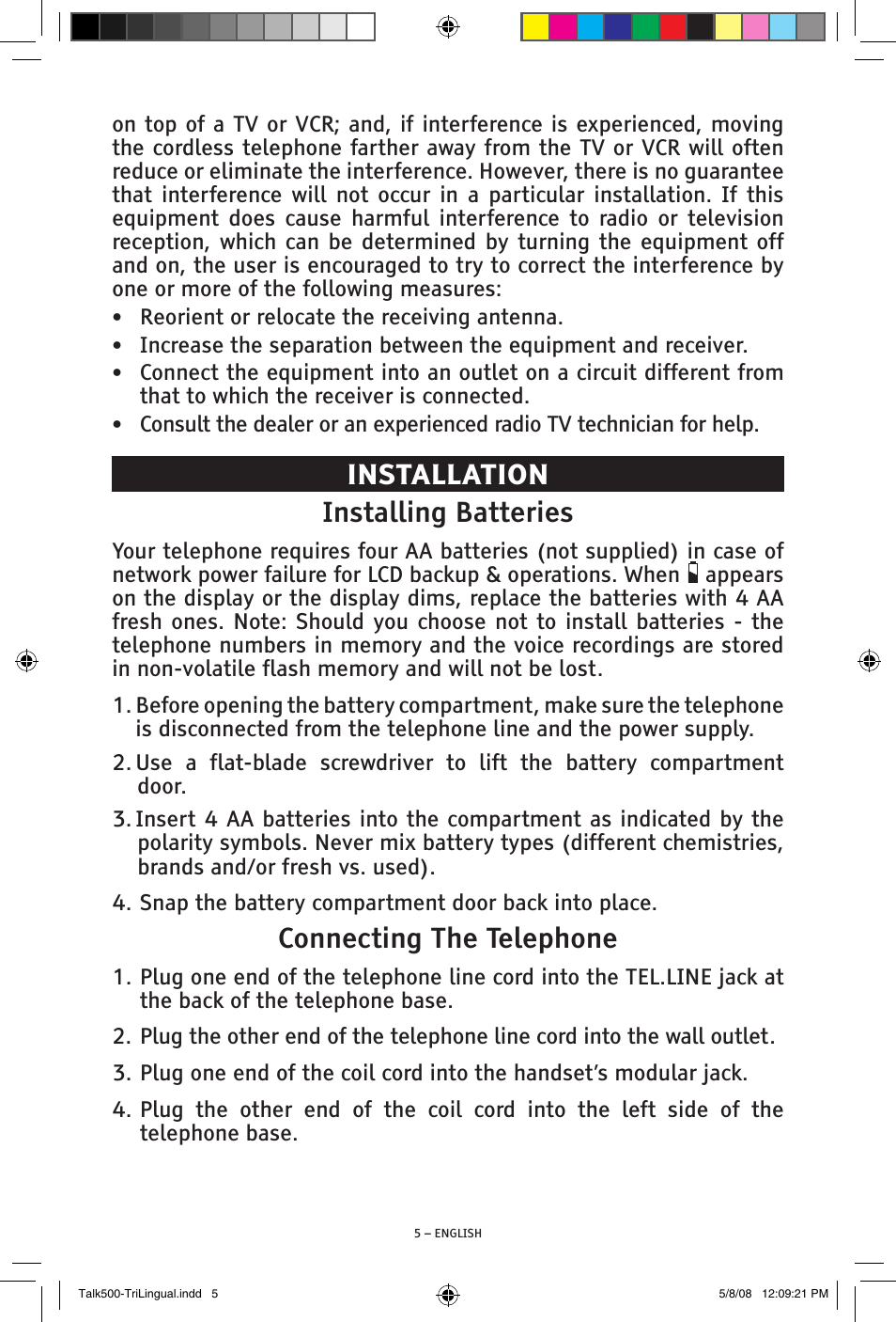 Installation installing batteries, Connecting the telephone | ClearSounds TALK500 V508 User Manual | Page 5 / 20