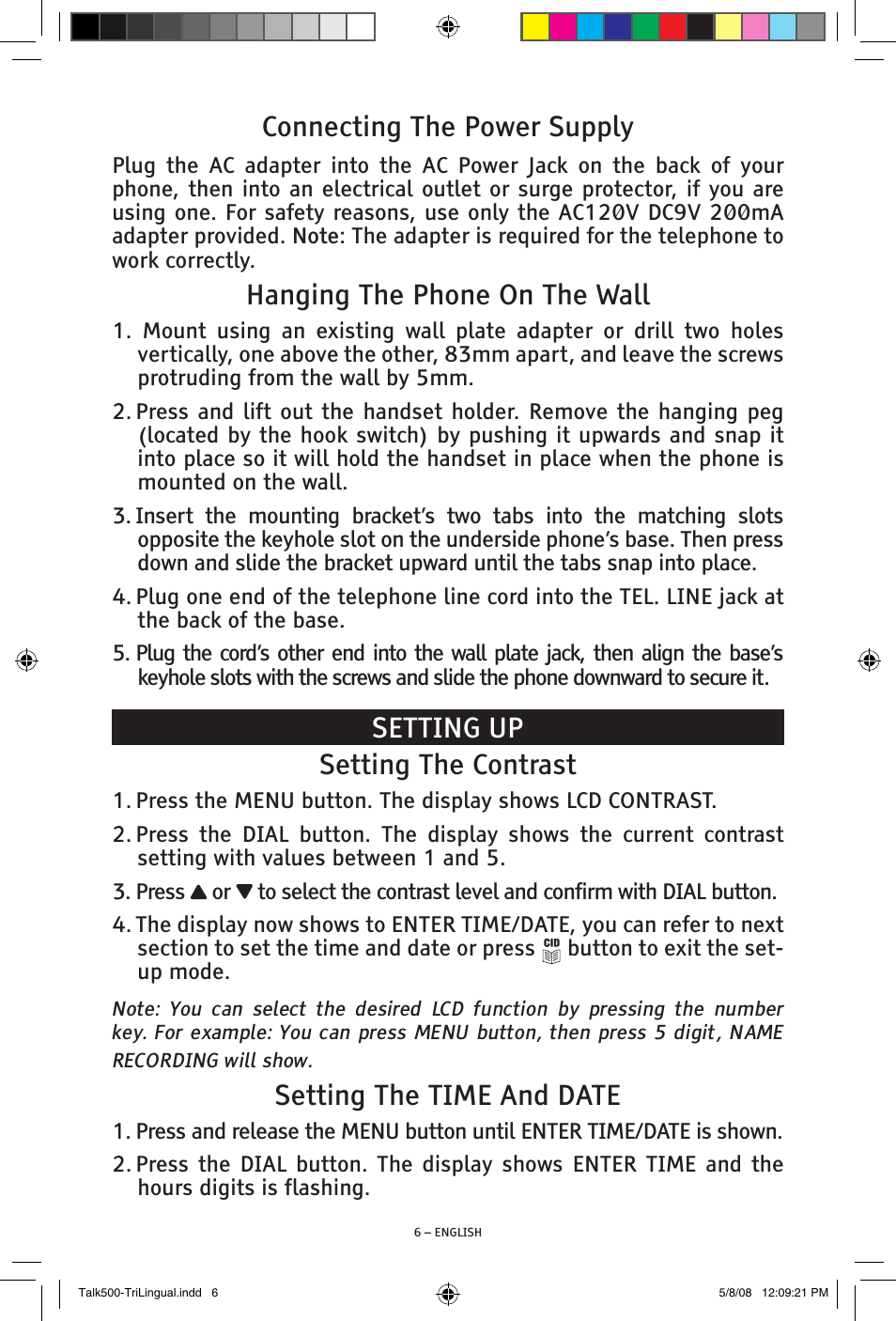 Connecting the power supply, Hanging the phone on the wall, Setting up setting the contrast | Setting the time and date | ClearSounds TALK500 V508 User Manual | Page 6 / 20