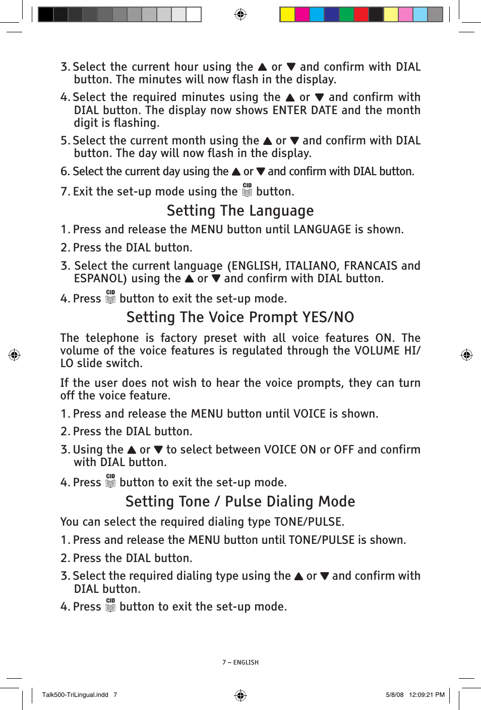 Setting the language, Setting the voice prompt yes/no, Setting tone / pulse dialing mode | ClearSounds TALK500 V508 User Manual | Page 7 / 20