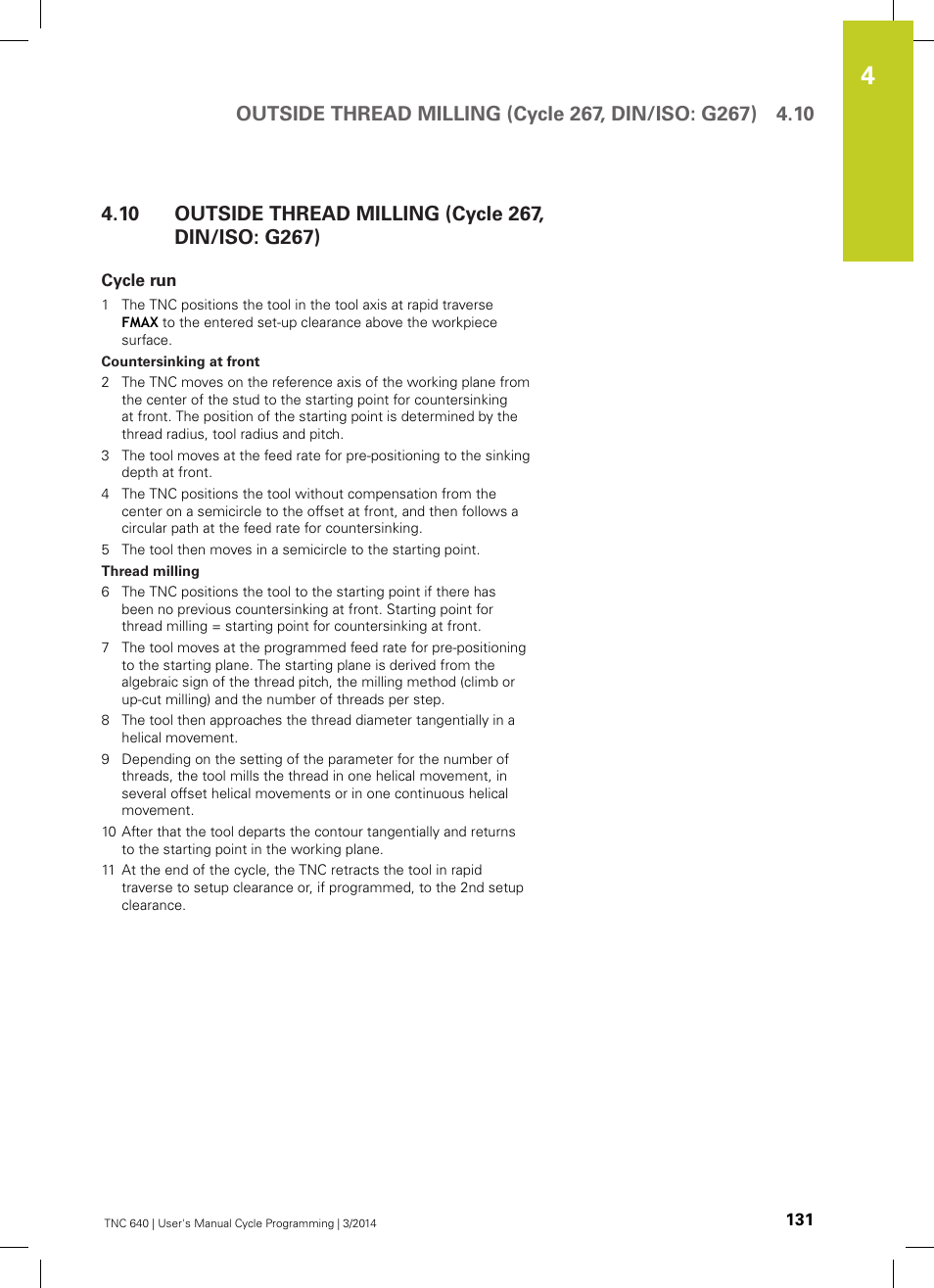 Cycle run, Outside thread milling (cycle 267, din/iso: g267) | HEIDENHAIN TNC 640 (34059x-04) Cycle programming User Manual | Page 131 / 603