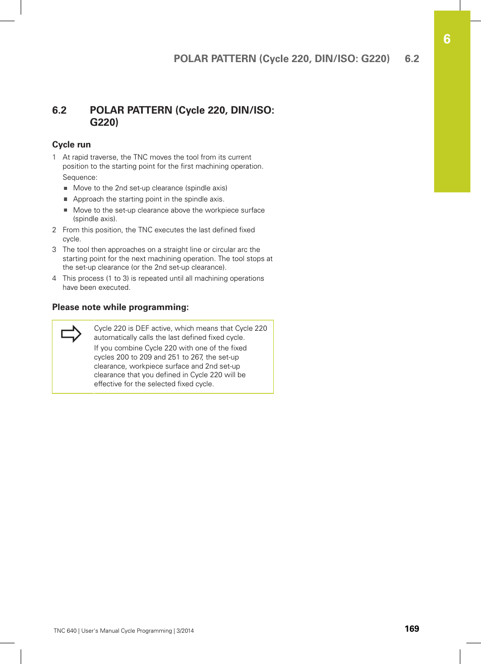 2 polar pattern (cycle 220, din/iso: g220), Cycle run, Please note while programming | Polar pattern (cycle 220, din/iso: g220) | HEIDENHAIN TNC 640 (34059x-04) Cycle programming User Manual | Page 169 / 603