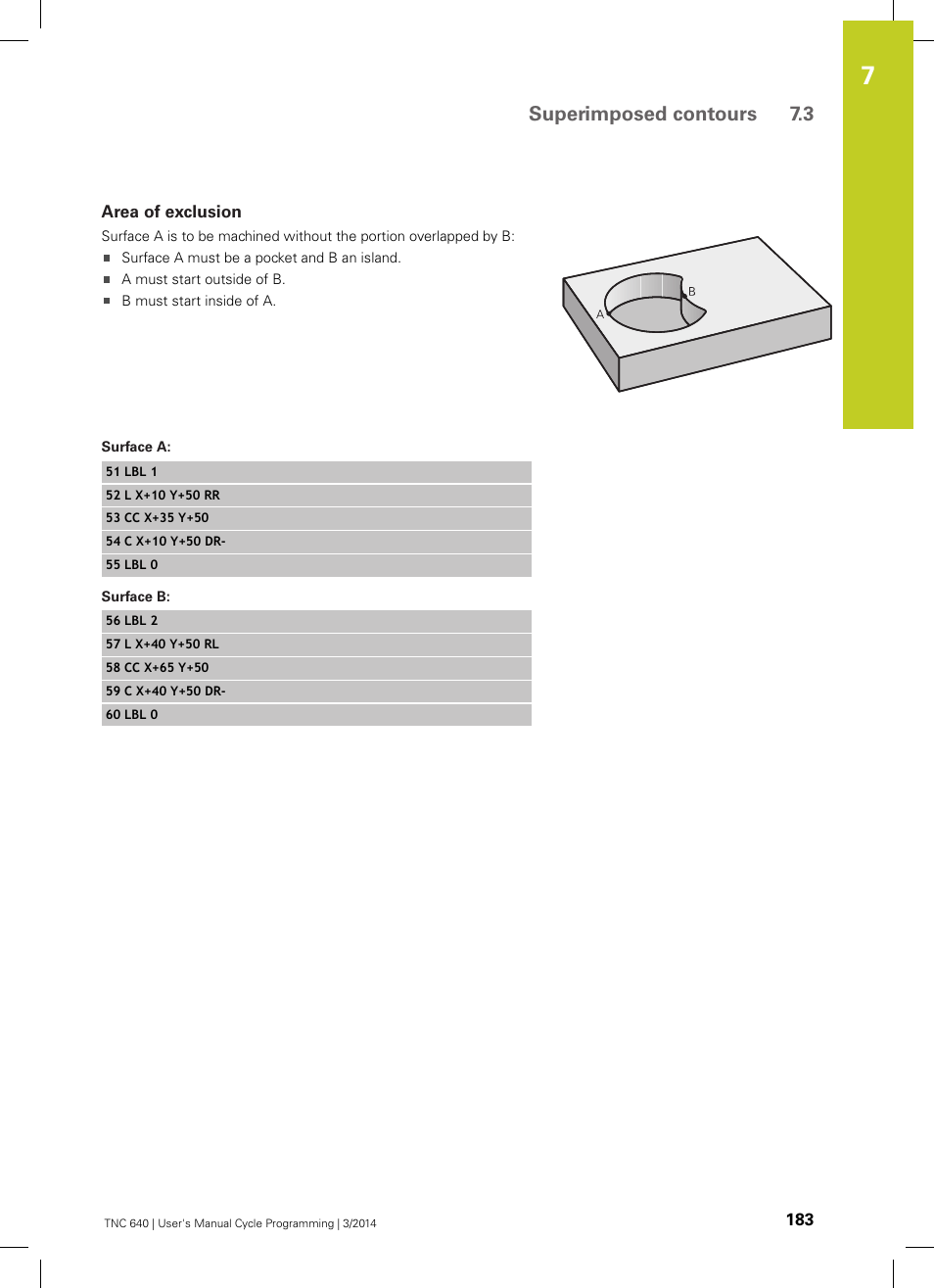 Area of exclusion, Surface b, Superimposed contours 7.3 | HEIDENHAIN TNC 640 (34059x-04) Cycle programming User Manual | Page 183 / 603