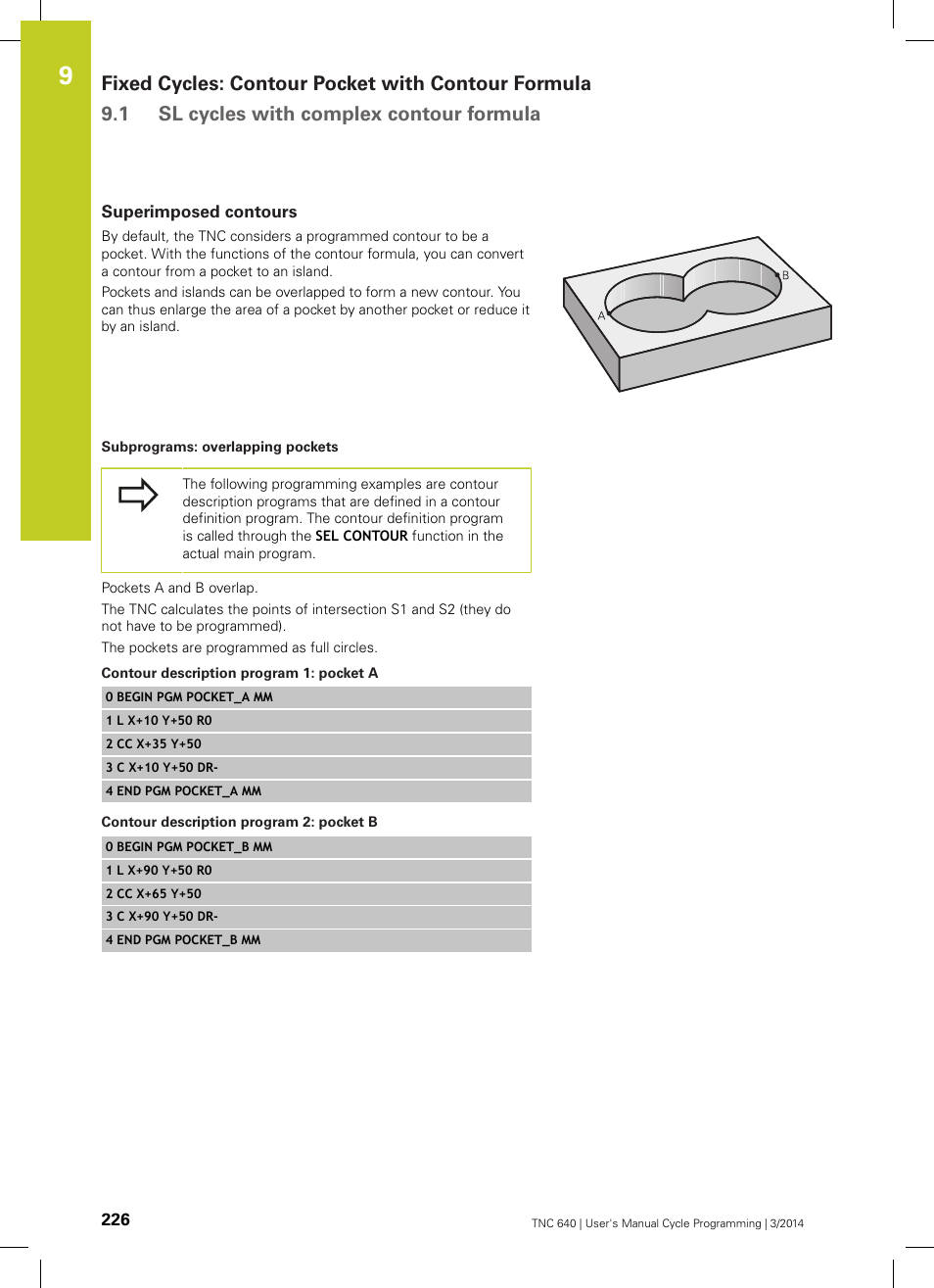 Superimposed contours, Subprograms: overlapping pockets, Contour description program 1: pocket a | Contour description program 2: pocket b | HEIDENHAIN TNC 640 (34059x-04) Cycle programming User Manual | Page 226 / 603