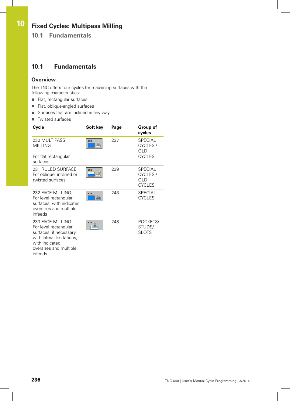 1 fundamentals, Overview, Fundamentals | Fixed cycles: multipass milling 10.1 fundamentals | HEIDENHAIN TNC 640 (34059x-04) Cycle programming User Manual | Page 236 / 603
