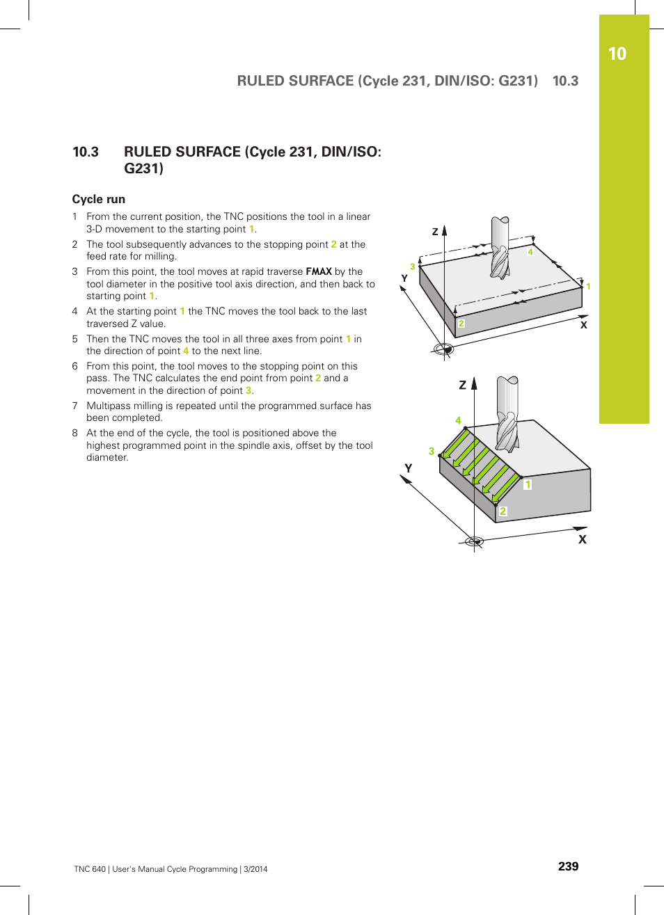 3 ruled surface (cycle 231, din/iso: g231), Cycle run, Ruled surface (cycle 231, din/iso: g231) | HEIDENHAIN TNC 640 (34059x-04) Cycle programming User Manual | Page 239 / 603