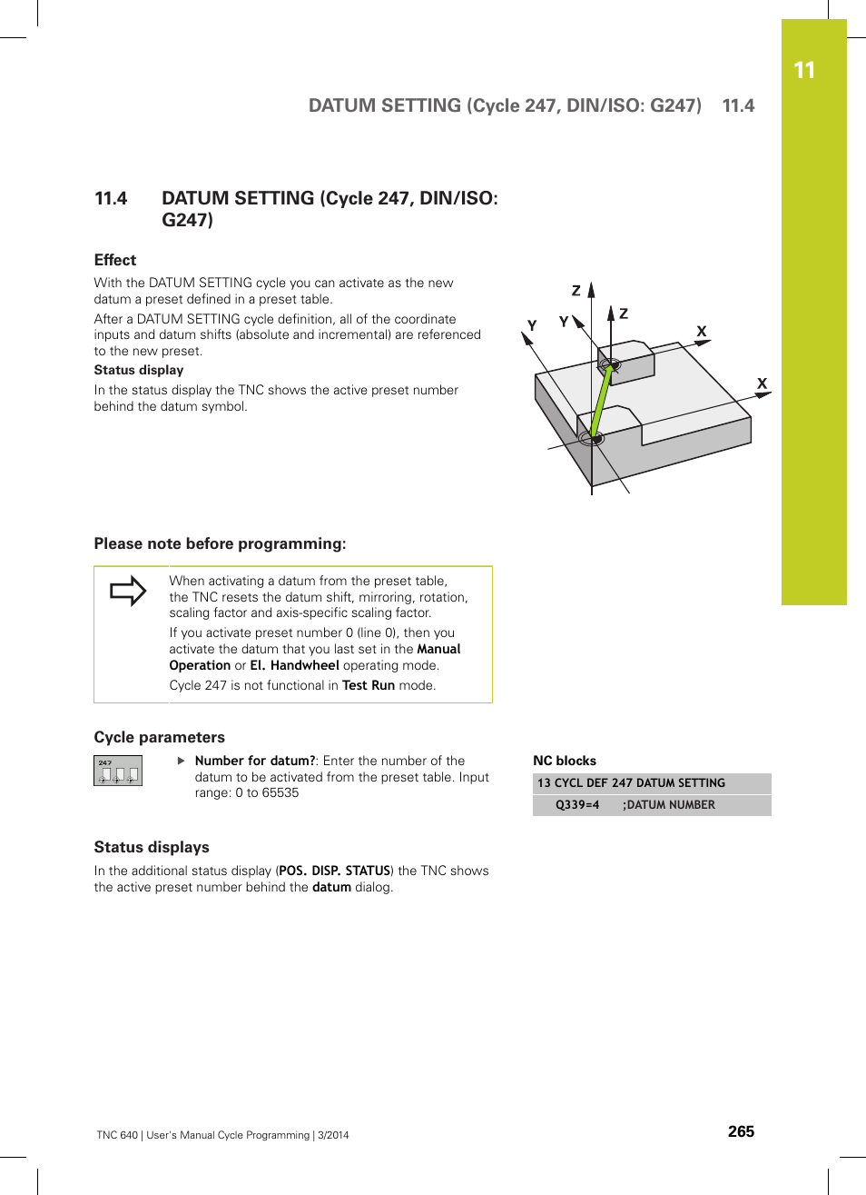 4 datum setting (cycle 247, din/iso: g247), Effect, Please note before programming | Cycle parameters, Status displays, Datum setting (cycle 247, din/iso: g247) | HEIDENHAIN TNC 640 (34059x-04) Cycle programming User Manual | Page 265 / 603