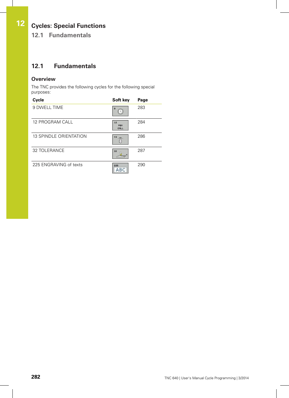 1 fundamentals, Overview, Fundamentals | Cycles: special functions 12.1 fundamentals | HEIDENHAIN TNC 640 (34059x-04) Cycle programming User Manual | Page 282 / 603