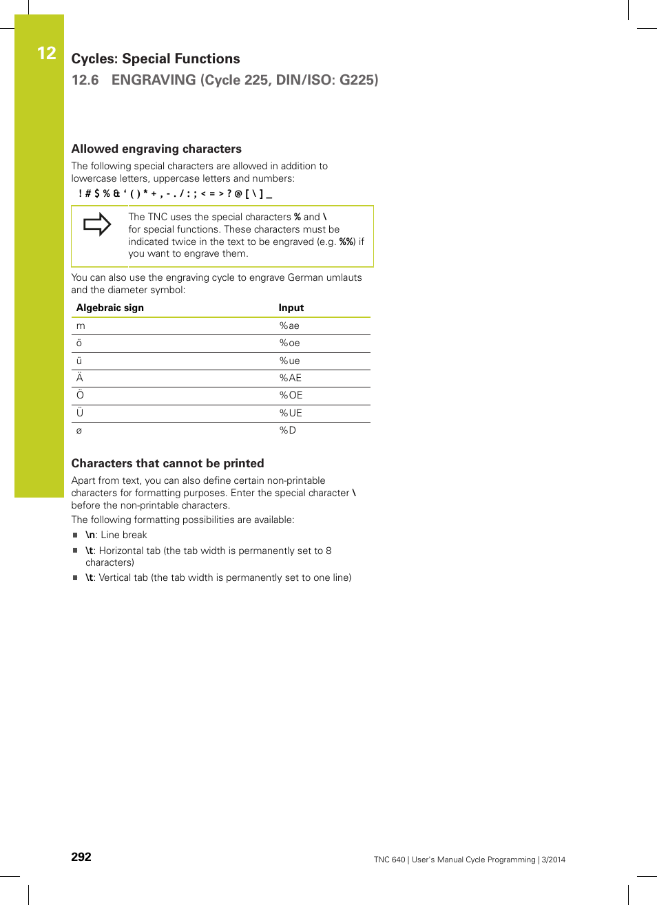 Allowed engraving characters, Characters that cannot be printed | HEIDENHAIN TNC 640 (34059x-04) Cycle programming User Manual | Page 292 / 603