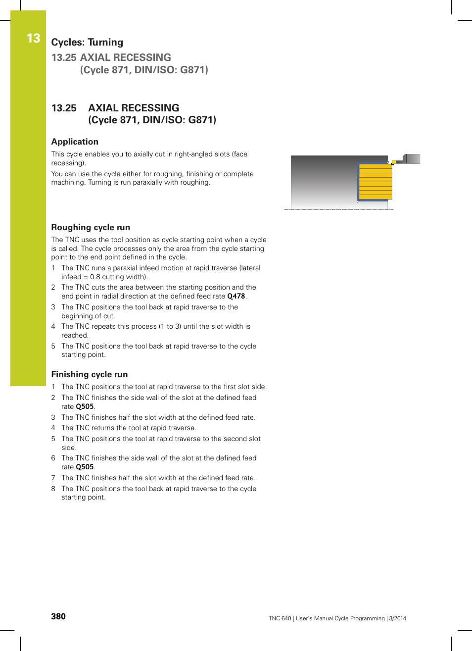 25 axial recessing (cycle 871, din/iso: g871), Application, Roughing cycle run | Finishing cycle run, Axial recessing (cycle 871, din/iso: g871) | HEIDENHAIN TNC 640 (34059x-04) Cycle programming User Manual | Page 380 / 603