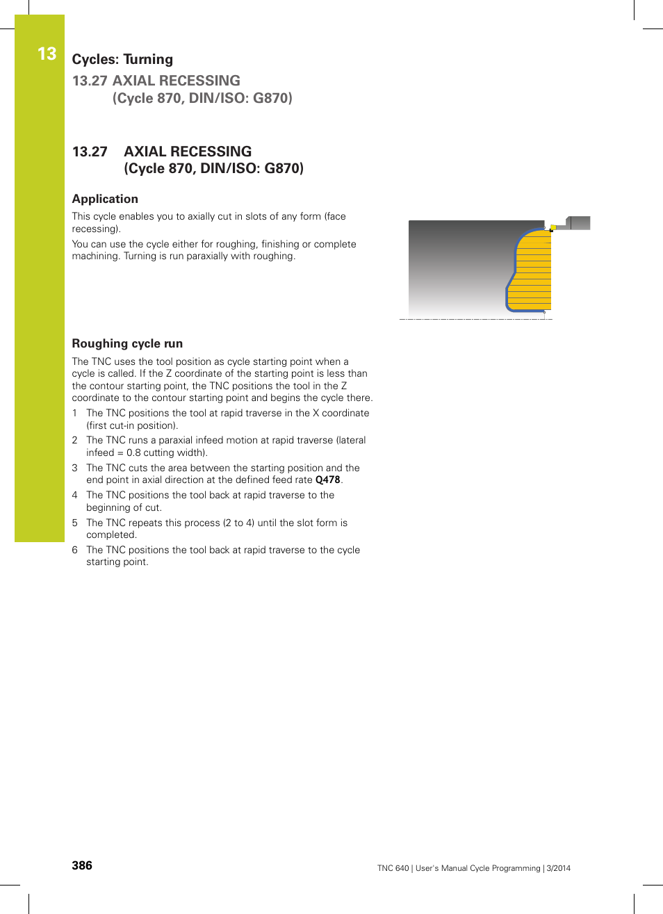 27 axial recessing(cycle 870, din/iso: g870), Application, Roughing cycle run | Axial recessing (cycle 870, din/iso: g870), Axial recessing(cycle 870, din/iso: g870) | HEIDENHAIN TNC 640 (34059x-04) Cycle programming User Manual | Page 386 / 603