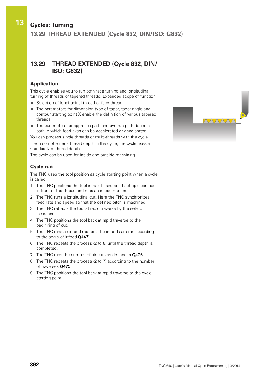 29 thread extended (cycle 832, din/iso: g832), Application, Cycle run | Thread extended (cycle 832, din/iso: g832) | HEIDENHAIN TNC 640 (34059x-04) Cycle programming User Manual | Page 392 / 603