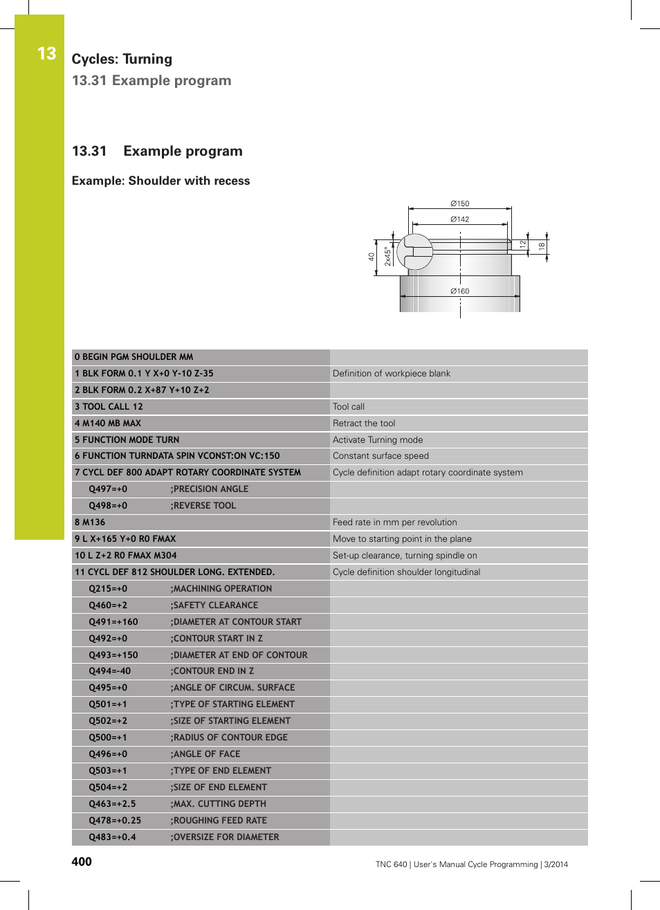 31 example program, Example: shoulder with recess, Example program | Cycles: turning 13.31 example program | HEIDENHAIN TNC 640 (34059x-04) Cycle programming User Manual | Page 400 / 603