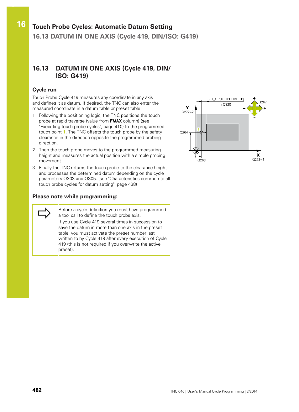 13 datum in one axis (cycle 419, din/iso: g419), Cycle run, Please note while programming | Datum in one axis (cycle 419, din/iso: g419) | HEIDENHAIN TNC 640 (34059x-04) Cycle programming User Manual | Page 482 / 603