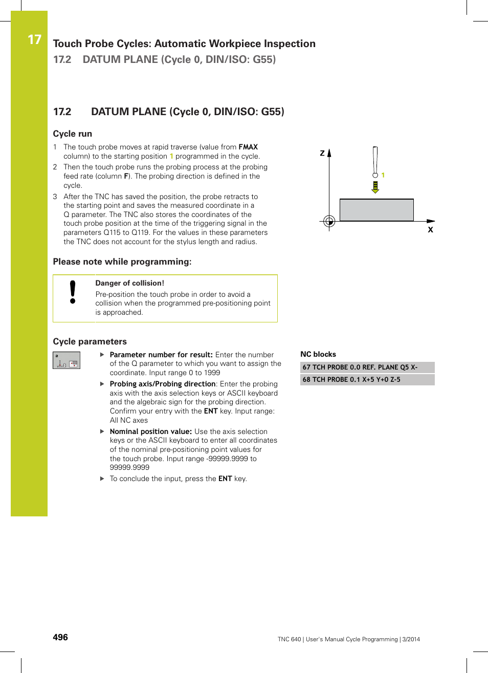2 datum plane (cycle 0, din/iso: g55), Cycle run, Please note while programming | Cycle parameters, Datum plane (cycle 0, din/iso: g55) | HEIDENHAIN TNC 640 (34059x-04) Cycle programming User Manual | Page 496 / 603
