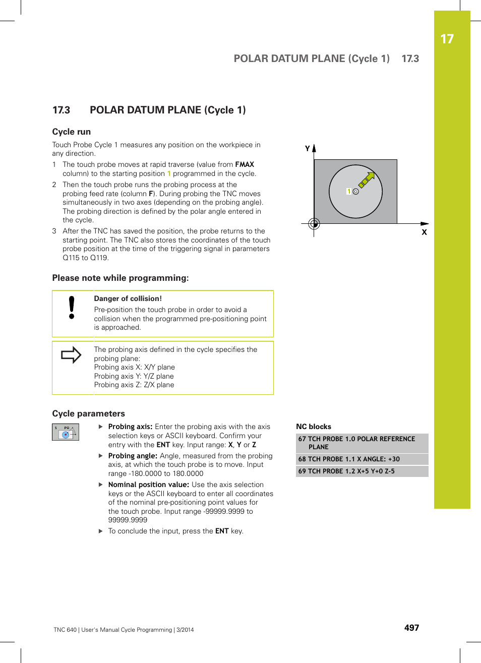 3 polar datum plane (cycle 1), Cycle run, Please note while programming | Cycle parameters, Polar datum plane (cycle 1), Polar datum plane (cycle 1) 17.3 | HEIDENHAIN TNC 640 (34059x-04) Cycle programming User Manual | Page 497 / 603