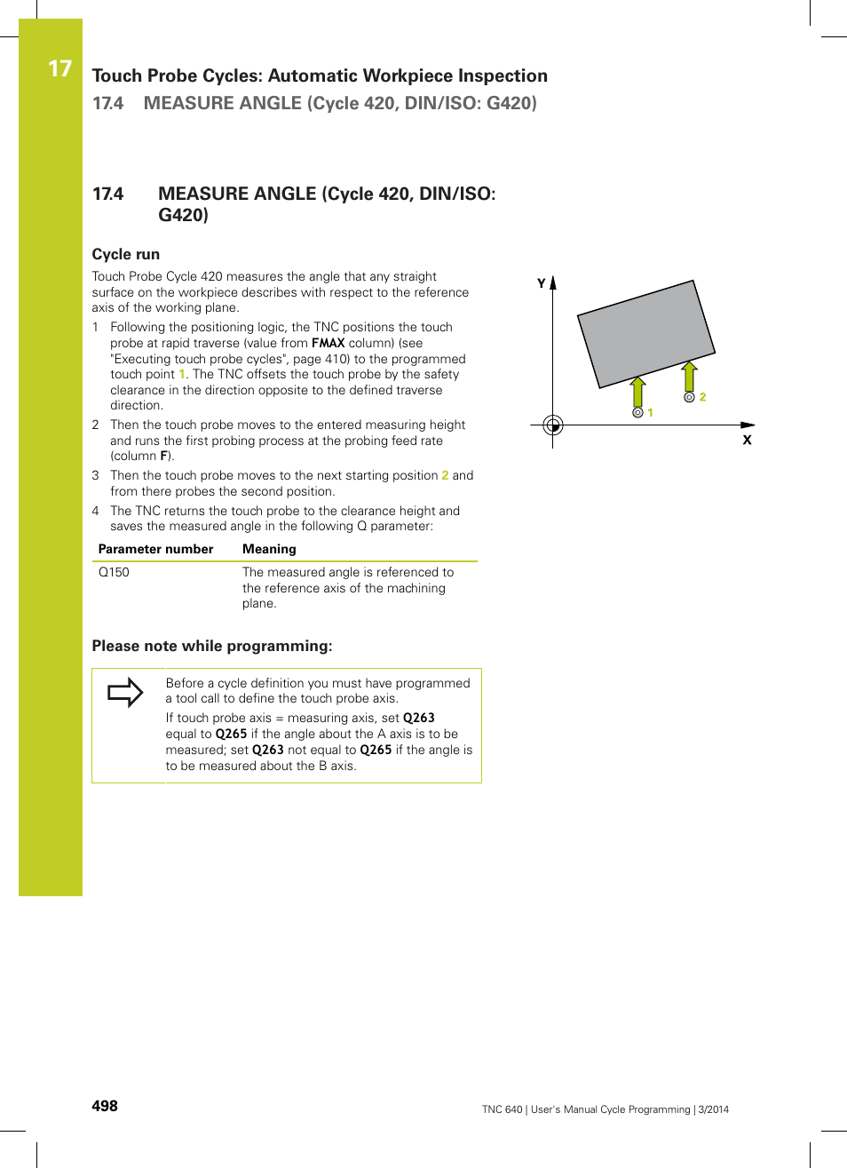4 measure angle (cycle 420, din/iso: g420), Cycle run, Please note while programming | Measure angle (cycle 420, din/iso: g420) | HEIDENHAIN TNC 640 (34059x-04) Cycle programming User Manual | Page 498 / 603