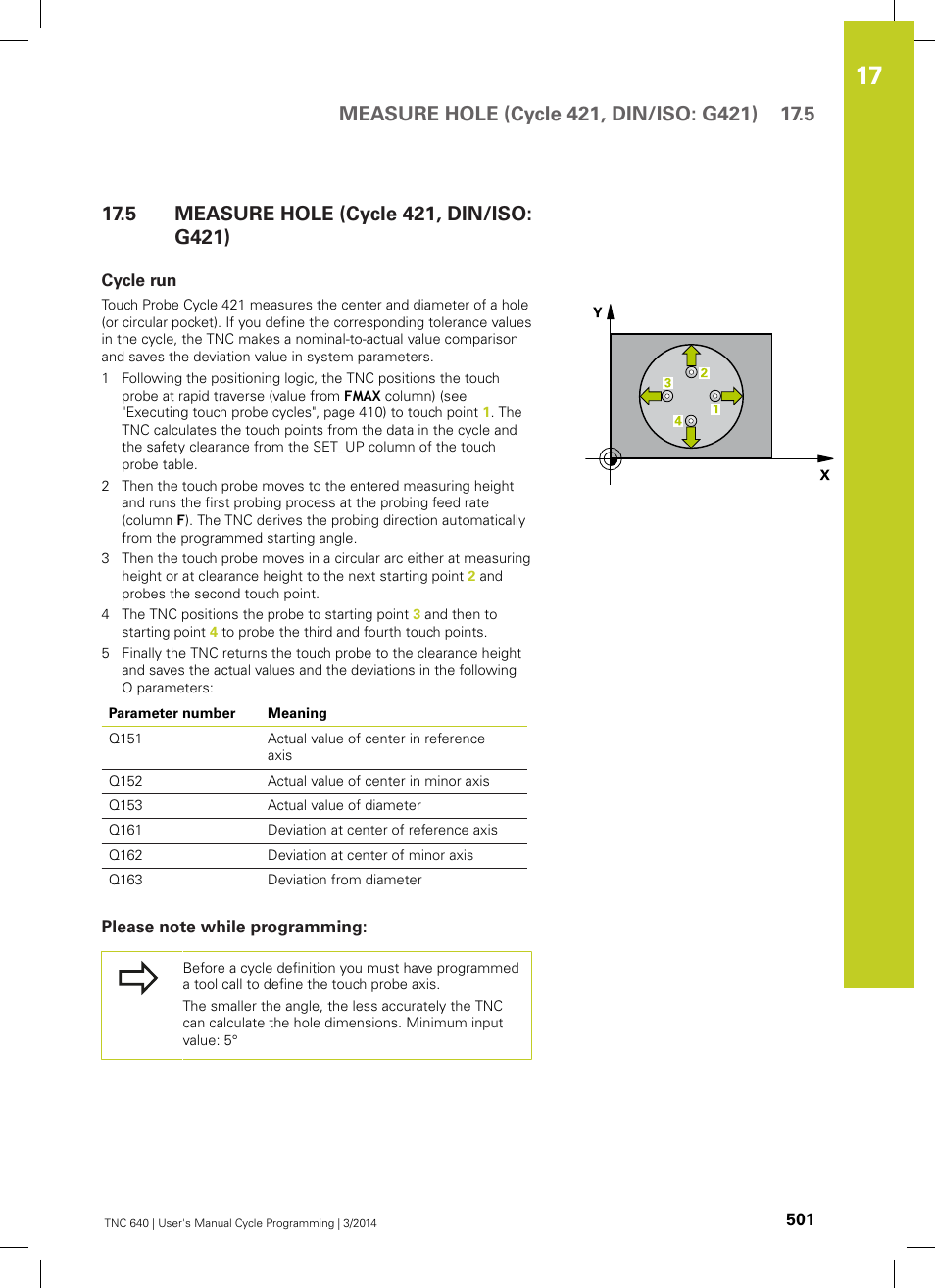 5 measure hole (cycle 421, din/iso: g421), Cycle run, Please note while programming | Measure hole (cycle 421, din/iso: g421) | HEIDENHAIN TNC 640 (34059x-04) Cycle programming User Manual | Page 501 / 603