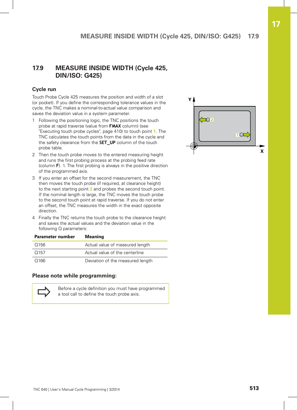 9 measure inside width (cycle 425, din/iso: g425), Cycle run, Please note while programming | Measure inside width (cycle 425, din/iso: g425) | HEIDENHAIN TNC 640 (34059x-04) Cycle programming User Manual | Page 513 / 603
