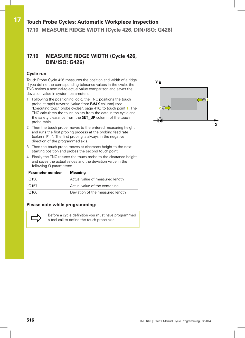 10 measure ridge width (cycle 426, din/iso: g426), Cycle run, Please note while programming | Measure ridge width (cycle 426, din/iso: g426) | HEIDENHAIN TNC 640 (34059x-04) Cycle programming User Manual | Page 516 / 603
