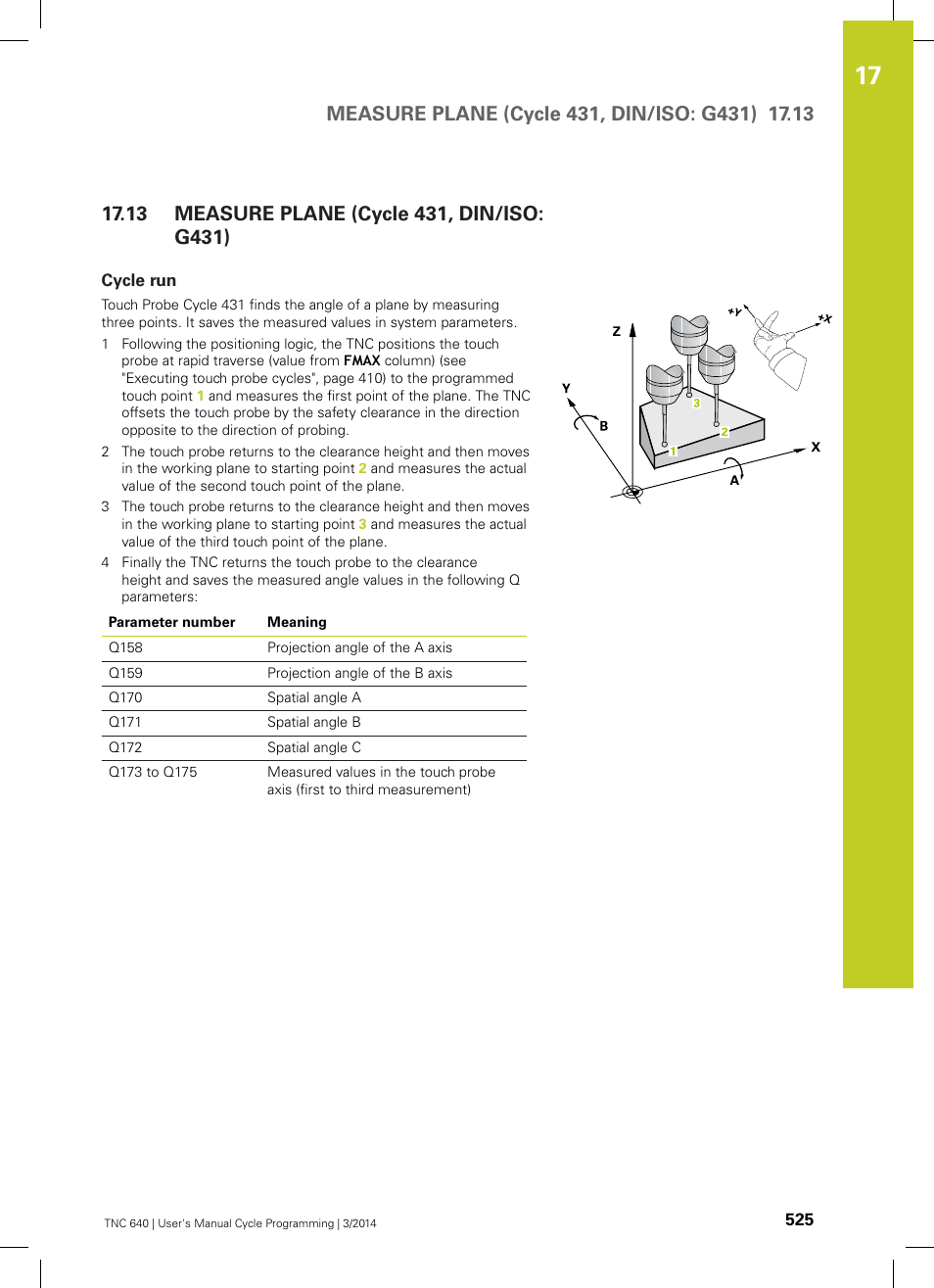 13 measure plane (cycle 431, din/iso: g431), Cycle run, Measure plane (cycle 431, din/iso: g431) | HEIDENHAIN TNC 640 (34059x-04) Cycle programming User Manual | Page 525 / 603