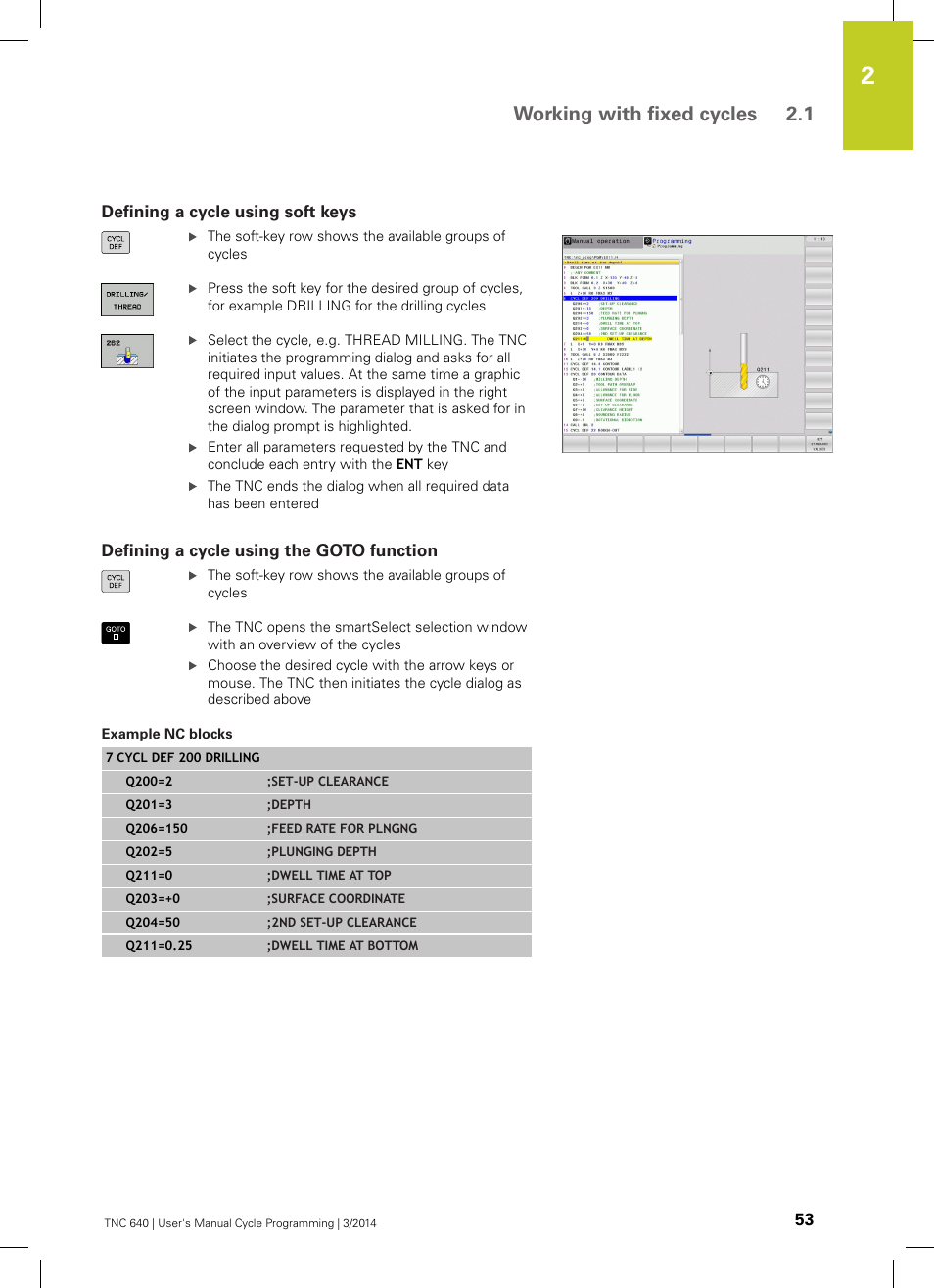 Defining a cycle using soft keys, Defining a cycle using the goto function, Example nc blocks | Working with fixed cycles 2.1 | HEIDENHAIN TNC 640 (34059x-04) Cycle programming User Manual | Page 53 / 603