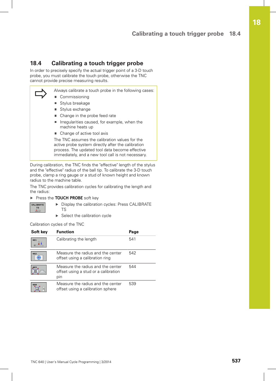 4 calibrating a touch trigger probe, Calibrating a touch trigger probe, Calibrating a touch trigger probe 18.4 | HEIDENHAIN TNC 640 (34059x-04) Cycle programming User Manual | Page 537 / 603