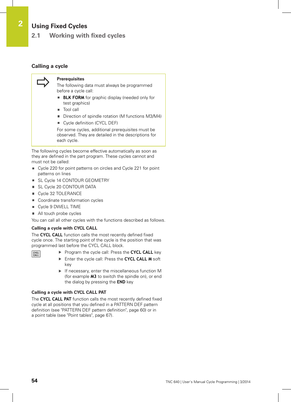 Calling a cycle, Using fixed cycles 2.1 working with fixed cycles | HEIDENHAIN TNC 640 (34059x-04) Cycle programming User Manual | Page 54 / 603