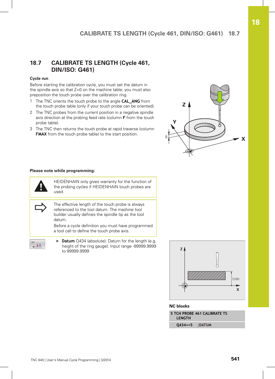 7 calibrate ts length (cycle 461, din/iso: g461), Calibrate ts length (cycle 461, din/iso: g461) | HEIDENHAIN TNC 640 (34059x-04) Cycle programming User Manual | Page 541 / 603