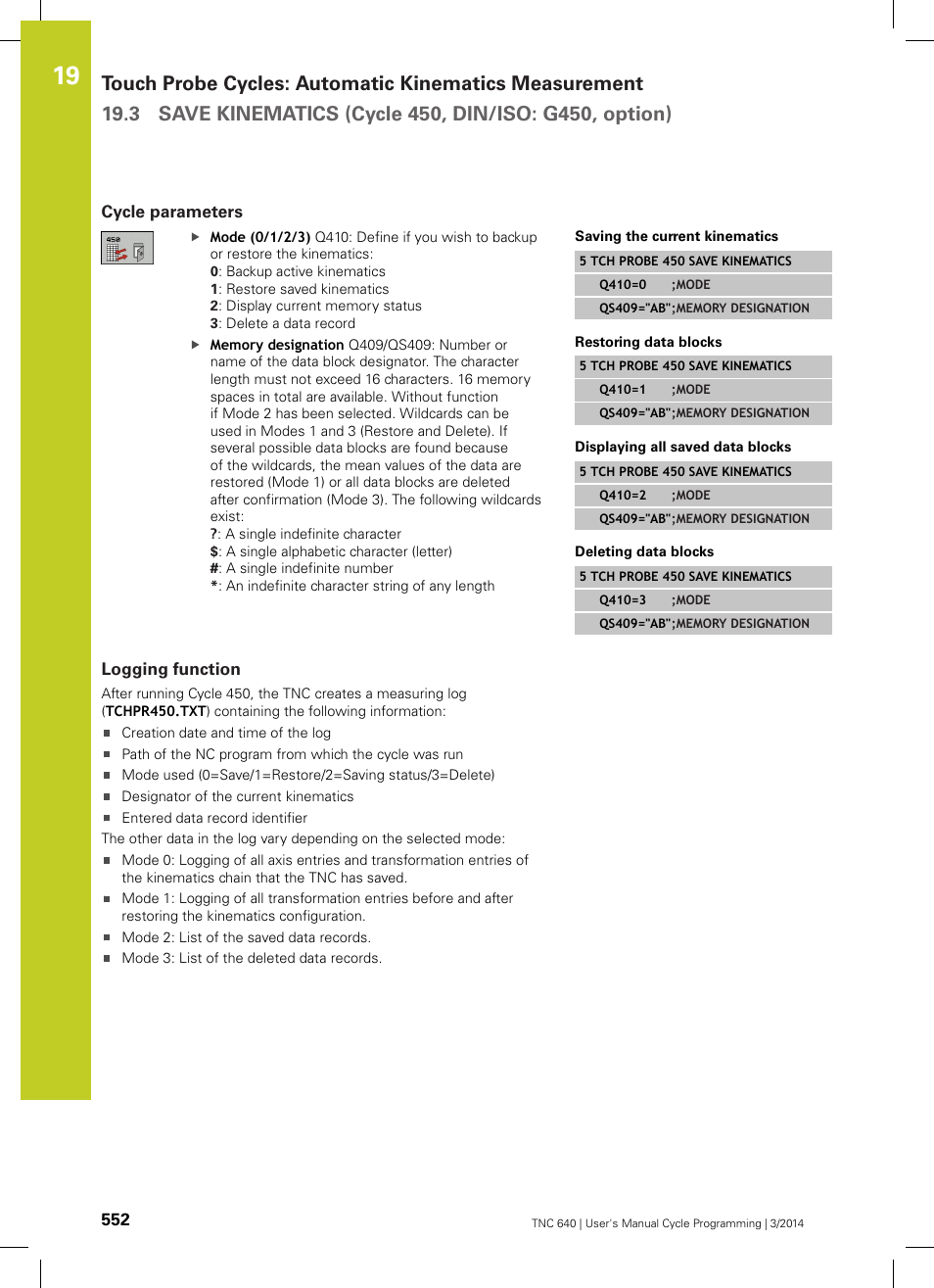Cycle parameters, Logging function | HEIDENHAIN TNC 640 (34059x-04) Cycle programming User Manual | Page 552 / 603