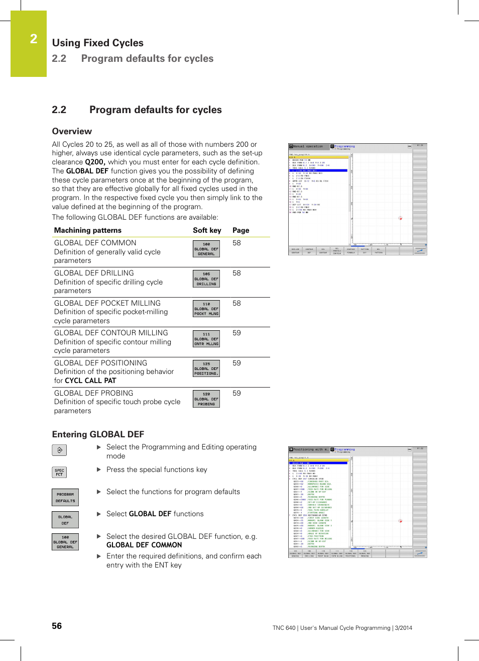 2 program defaults for cycles, Overview, Entering global def | Program defaults for cycles, Using fixed cycles 2.2 program defaults for cycles | HEIDENHAIN TNC 640 (34059x-04) Cycle programming User Manual | Page 56 / 603