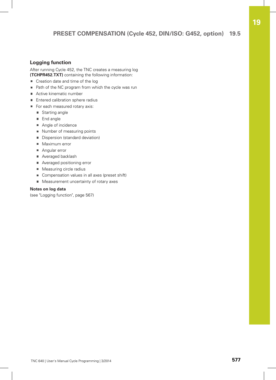 Logging function | HEIDENHAIN TNC 640 (34059x-04) Cycle programming User Manual | Page 577 / 603