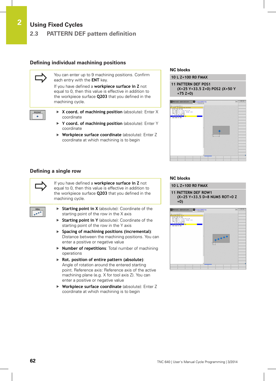Defining individual machining positions, Defining a single row | HEIDENHAIN TNC 640 (34059x-04) Cycle programming User Manual | Page 62 / 603