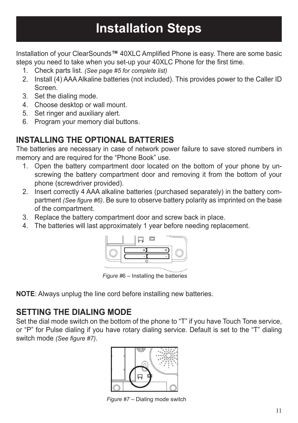 Installation steps, Installing the optional batteries, Setting the dialing mode | ClearSounds 40XLC User Manual | Page 11 / 36