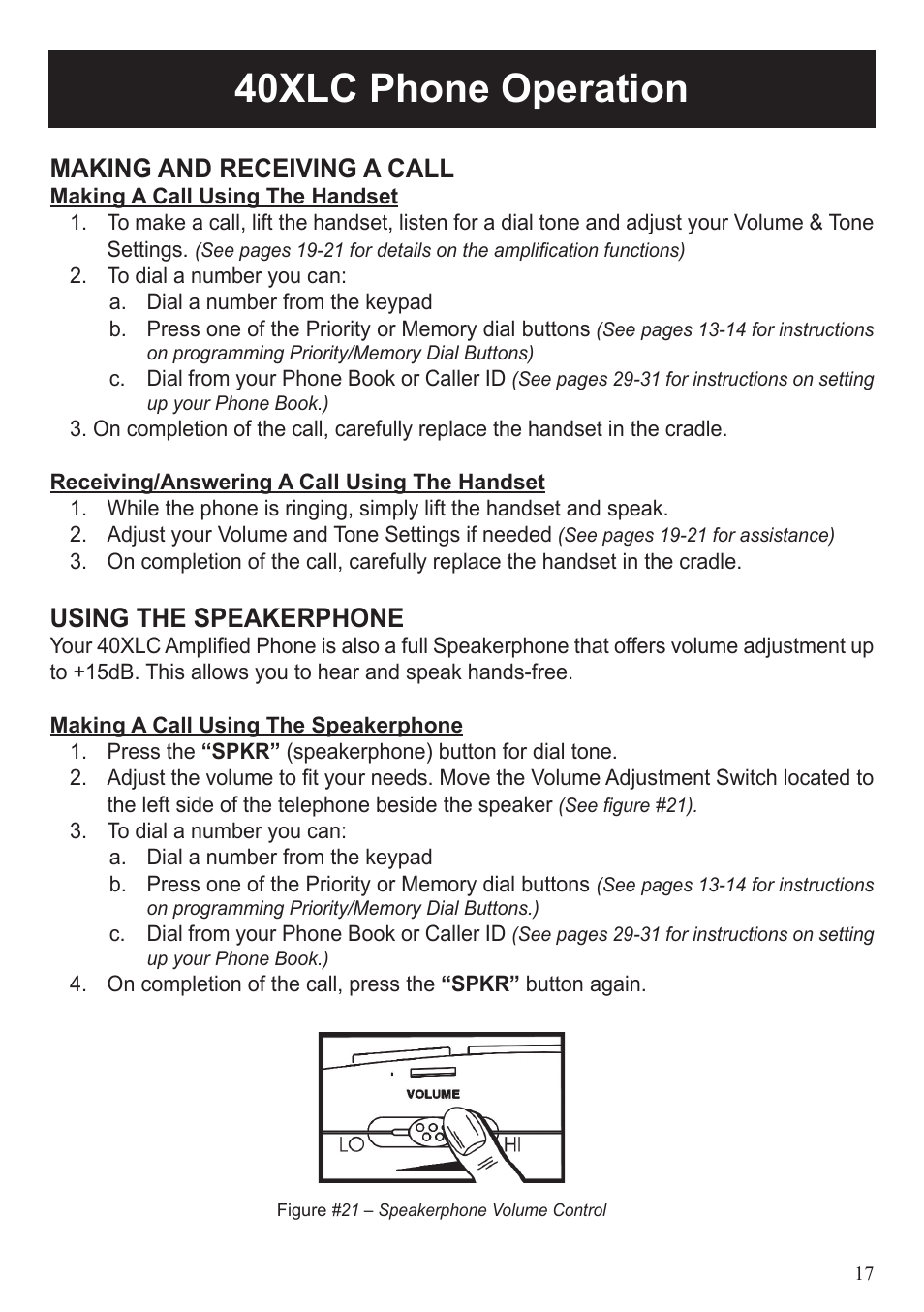 40xlc phone operation, Making and receiving a call, Using the speakerphone | ClearSounds 40XLC User Manual | Page 17 / 36