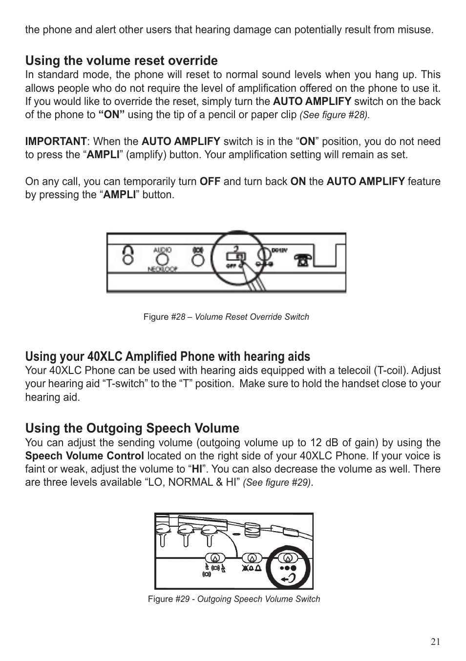 Using the volume reset override, Using your 40xlc amplified phone with hearing aids, Using the outgoing speech volume | ClearSounds 40XLC User Manual | Page 21 / 36