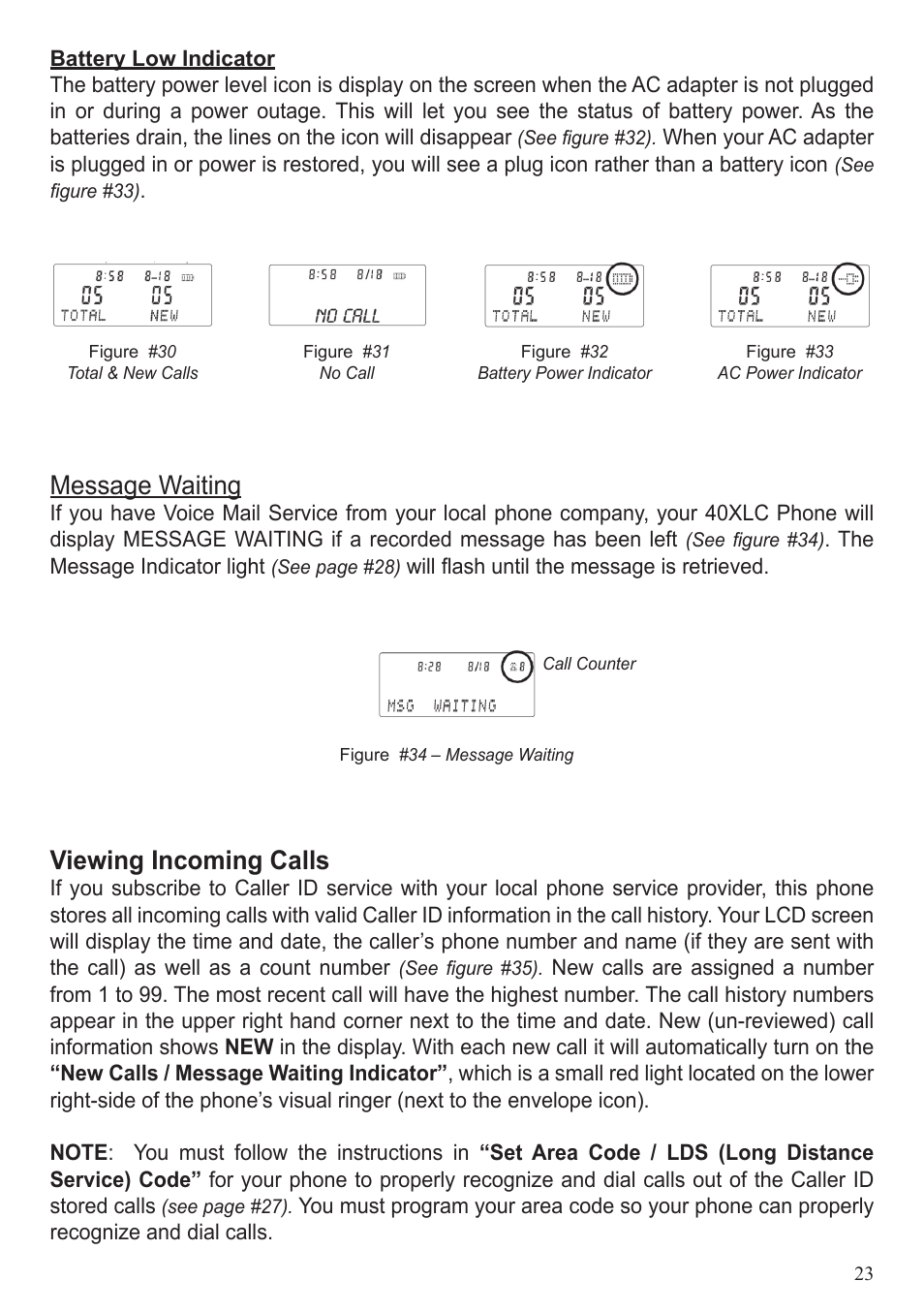 Message waiting, Viewing incoming calls | ClearSounds 40XLC User Manual | Page 23 / 36