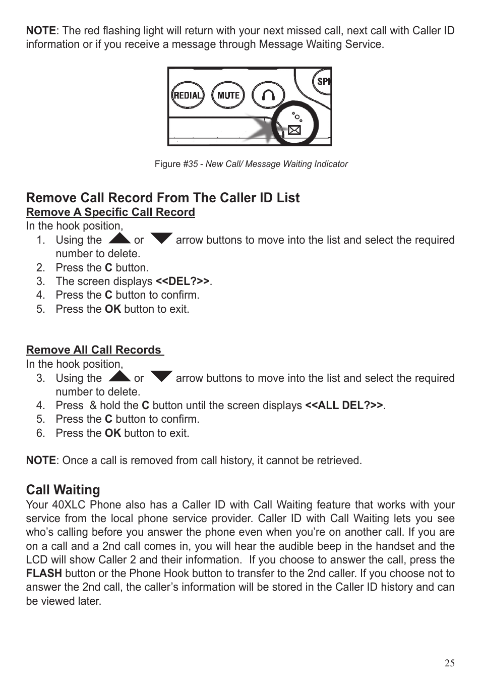 Remove call record from the caller id list, Call waiting | ClearSounds 40XLC User Manual | Page 25 / 36