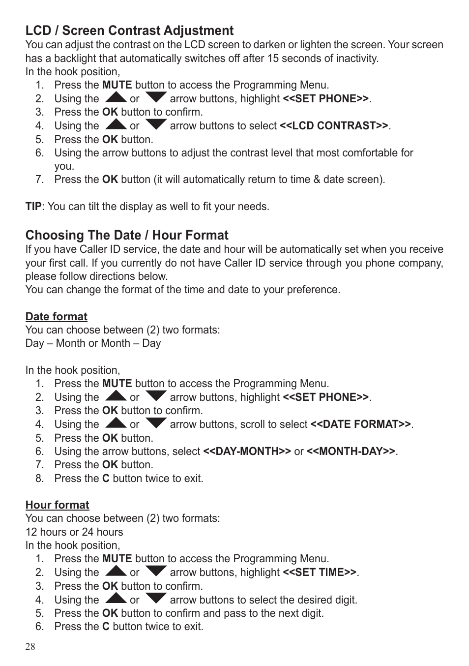 Lcd / screen contrast adjustment, Choosing the date / hour format | ClearSounds 40XLC User Manual | Page 28 / 36