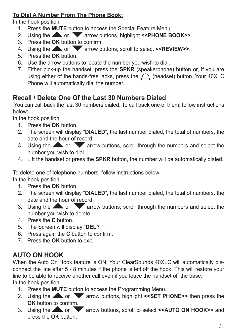 Recall / delete one of the last 30 numbers dialed, Auto on hook | ClearSounds 40XLC User Manual | Page 31 / 36