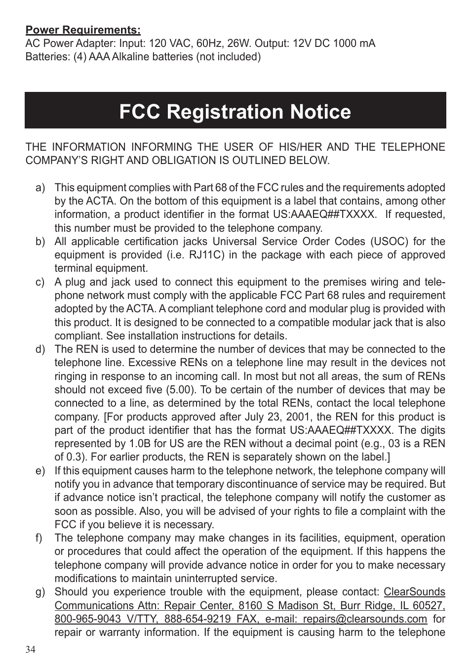 Fcc registration notice | ClearSounds 40XLC User Manual | Page 34 / 36