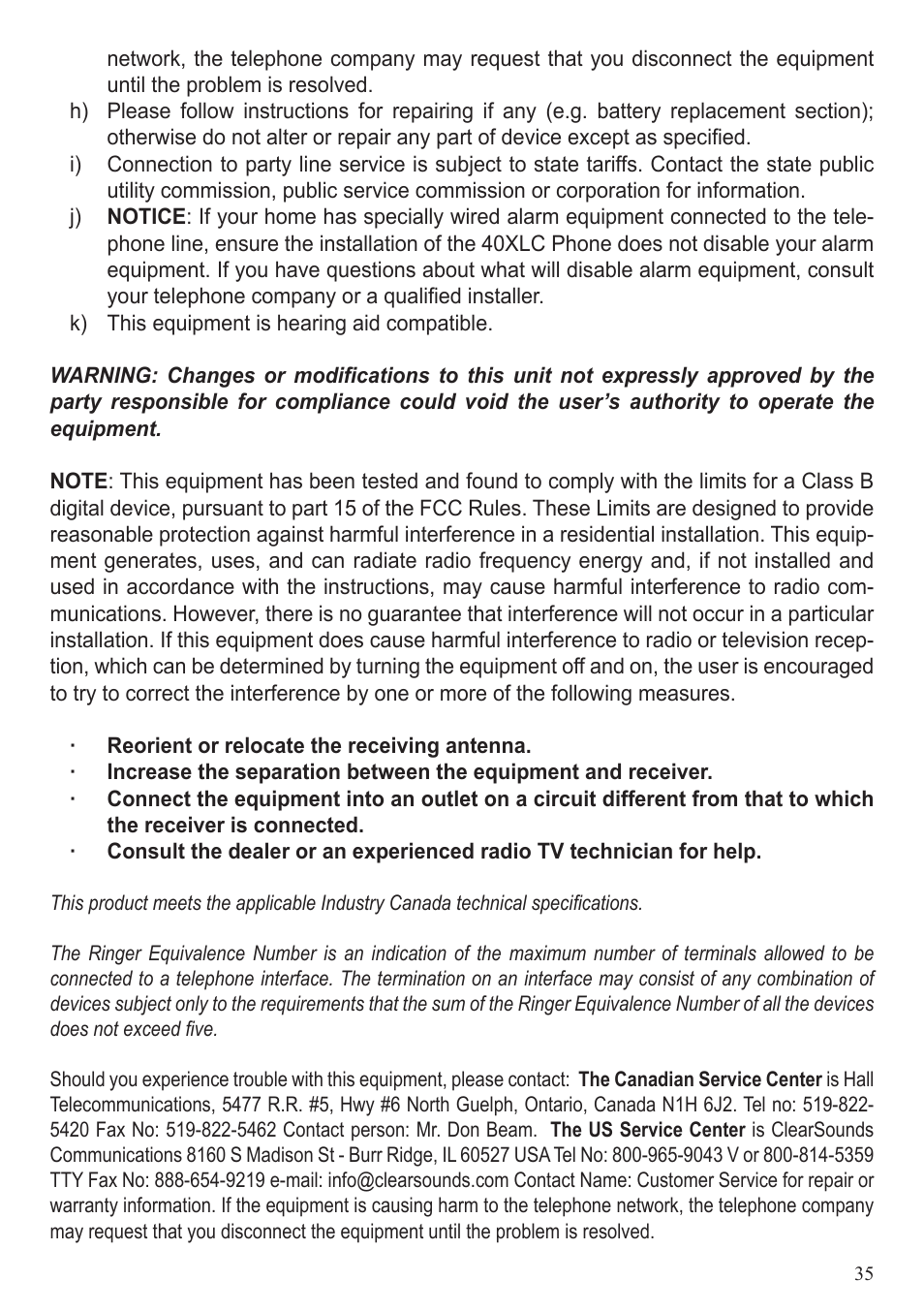 ClearSounds 40XLC User Manual | Page 35 / 36