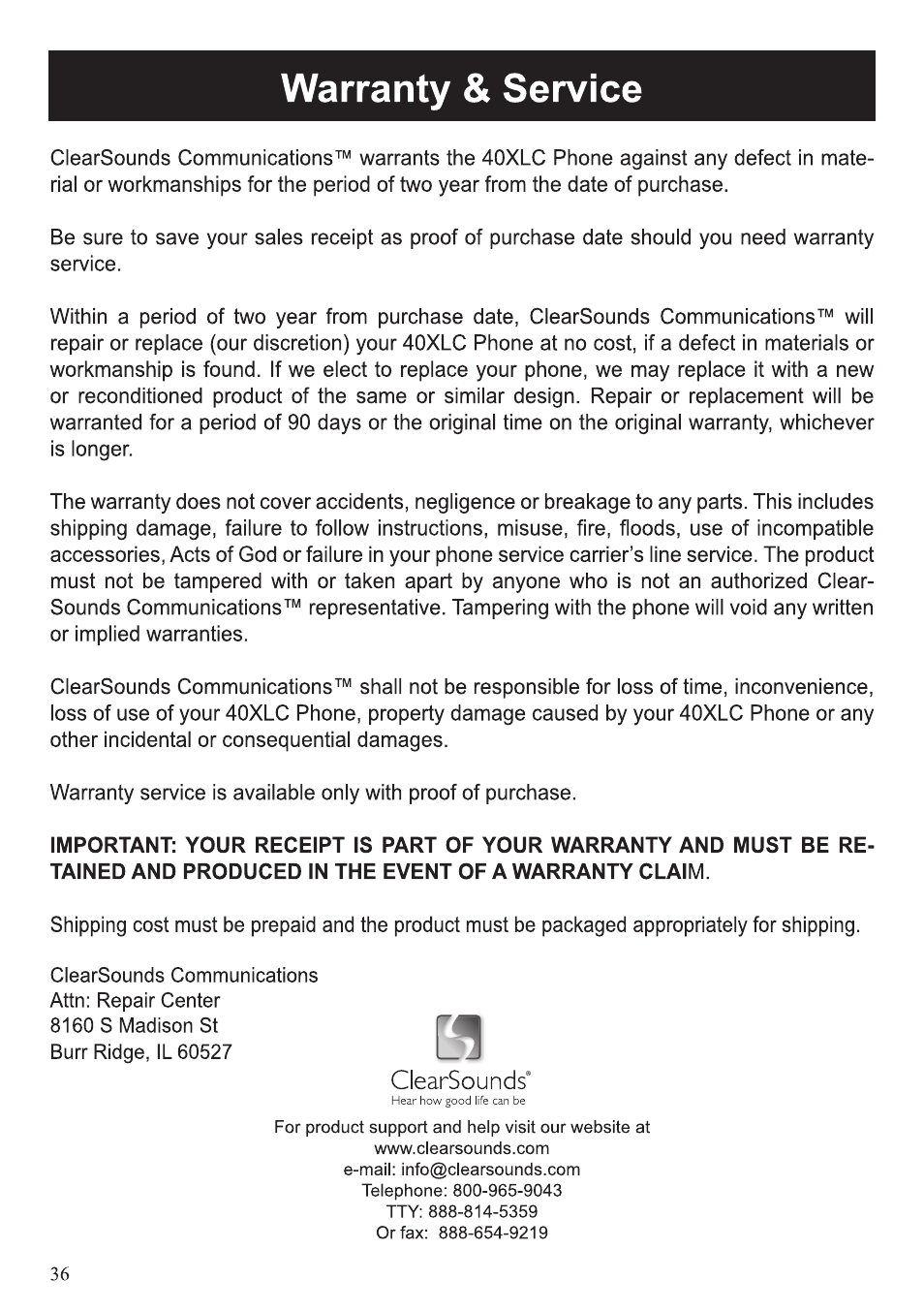 ClearSounds 40XLC User Manual | Page 36 / 36