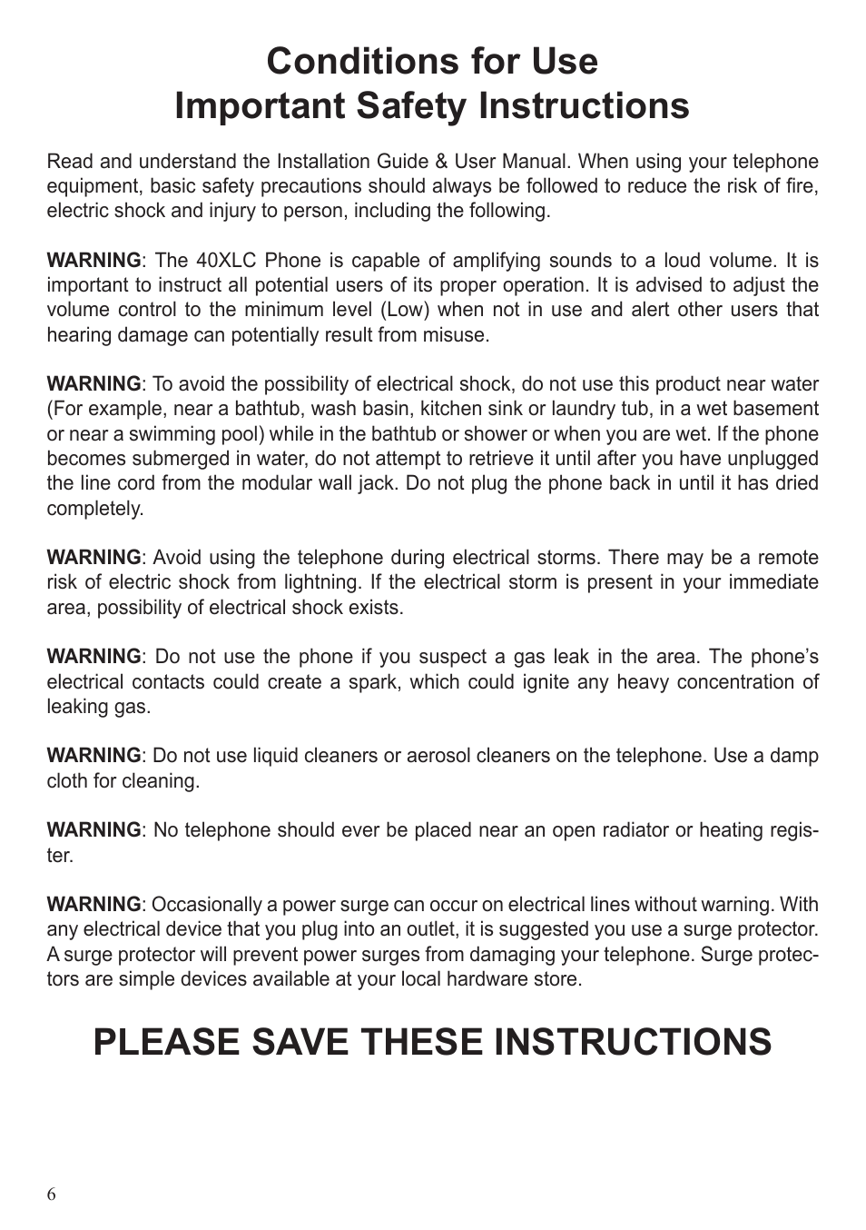Conditions for use important safety instructions, Please save these instructions | ClearSounds 40XLC User Manual | Page 6 / 36
