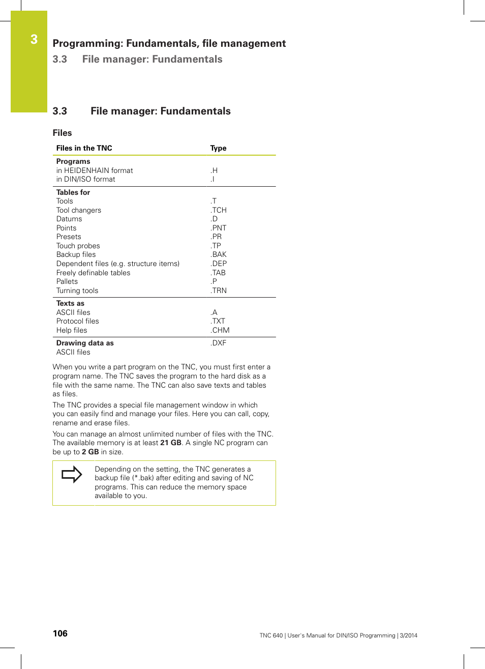3 file manager: fundamentals, Files, File manager: fundamentals | HEIDENHAIN TNC 640 (34059x-04) ISO programming User Manual | Page 106 / 645